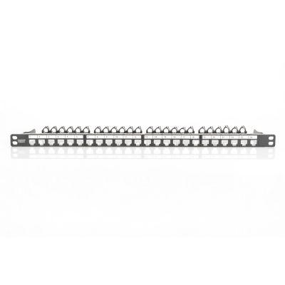 6. Hochdichtes Patchpanel 19" 24x Keystone, geschirmt, 0,5 HE, schwarz, Kabelführung, Beschriftungsfelder