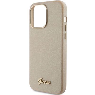 6. Guess Glitter Glossy Script Hülle für iPhone 15 Pro Max – Gold
