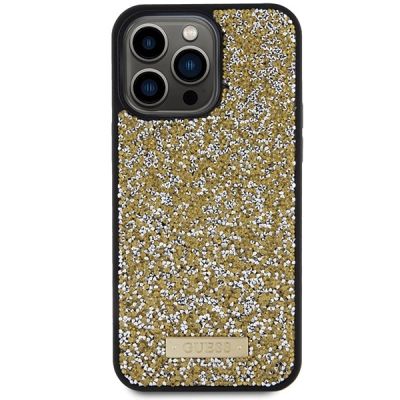 3. Guess Rhinestone Metal Logo Hülle für iPhone 15 Pro Max – Gelb