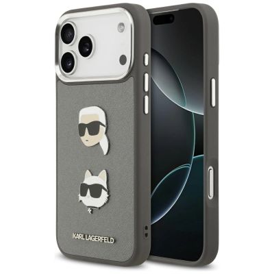 Karl Lagerfeld FW Grained Karl & Choupette Heads Pins & Logo iPhone 17 Pro Max Hülle - Grau