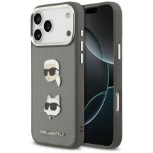 Karl Lagerfeld FW Grained Karl & Choupette Heads Pins & Logo iPhone 17 Pro Max Hülle - Grau