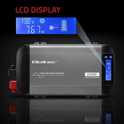 6. Qoltec Sinus-Spannungswandler | 12 V auf 230 V | 1000/2000 W | LCD | USB | USB-C | Kompatibel mit LiFePO4-, GEL- und AGM-Akkus