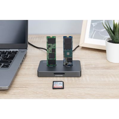32. USB-C 3.2 Gen2 Dockingstation für M.2 Duo NVMe- und SATA-SSDs (max. 2 x 4 TB) mit SD-Express 7.1-Kartenleser (max. 2 TB), Schwarz