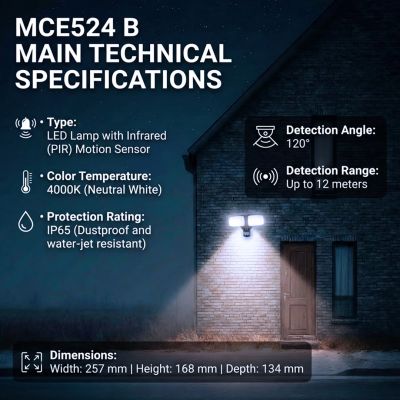 3. MACLEAN LED-Wandleuchte mit PIR-Sensor, 20 W, 1500 lm, IP65, Neutralweiß 4000 K, Schwarz MCE524 B