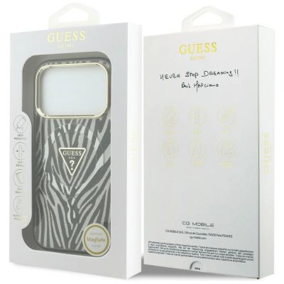 8. Guess IML Zebra Glitter Triangle Logo MagSafe Hülle für iPhone 18 Pro / 17 Pro - Silber