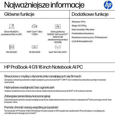 12. HP ProBook 4 G1i Notebook 16" WUXGA/Ultra 7 255H/16GB/SSD512GB/Arc/11PR Pike Silver 3Y