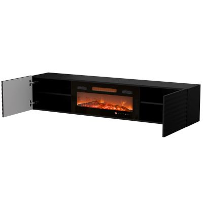 6. TULA TV-Schrank 183x35x37 schwarz matt + schwarzer Kamin