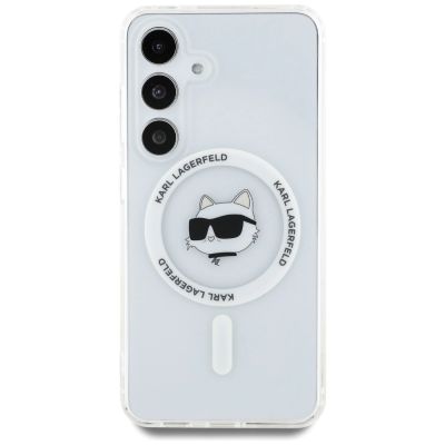 3. Karl Lagerfeld Button Choupette Head bedrucktes Logo MagSafe Samsung Galaxy S25 Plus Hülle weiß
