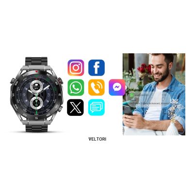 19. VELTORI VT100-1 Smartwatch + Schwarzes Silikonarmband + Schwarzes Öko-Leder
