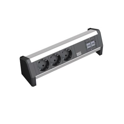 BACHMANN Tischsteckdosenleiste mit 3 Sicherheitssteckdosen, 2 CAT5e RJ45 Buchsen/Buchsen, Stromeingang: GST18 - Buchse, Netzteil separat erhältlich