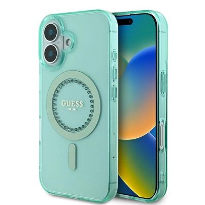 Guess IML Rhinestones MagSafe Hülle für iPhone 16 Plus – grün