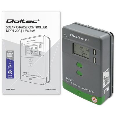 7. Qoltec MPPT-Solarladeregler mit Temperatursensor 20 A | 12 V / 24 V | LCD | 2 x USB