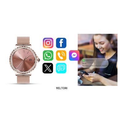 18. VELTORI VT320-1 Damen-Smartwatch, Goldarmband + rosa Silikonarmband
