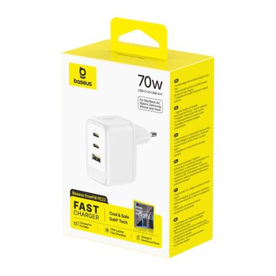 4. Baseus EnerFill FE22 70W Wandladegerät 2 x USB-C + USB-A - Weiß