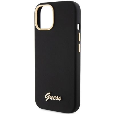 6. Guess Silikon Script Metal Logo & Frame Hülle für iPhone 15 – Schwarz
