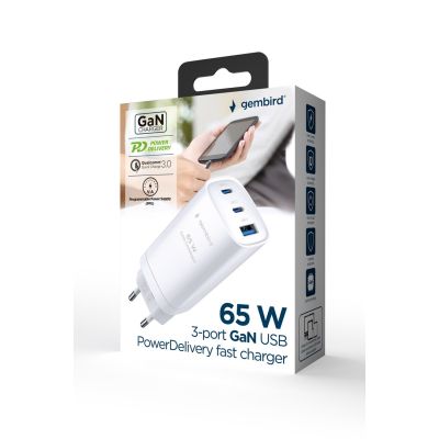 5. GEMBIRD Schnellladegerät mit USB-C-Anschluss, 3x USB, 65 W, Weiß