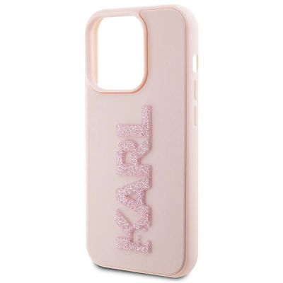6. Karl Lagerfeld 3D-Gummi-Glitzer-Logo-Hülle für iPhone 15 Pro Max – Rosa