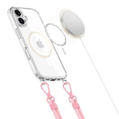 2. Tech-Protect Flexair Chain MagSafe Hülle für iPhone 16 - Transparent + 2 Tragebänder (Pink und Grau)