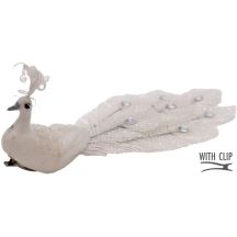 Dekorativer Pfau an einer weißen Kugelklammer