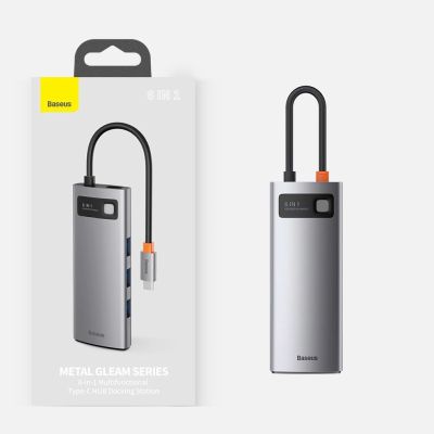 24. HUB Baseus Metal Gleam 6in1 USB-C - USB-C PD 100W 1x HDMI 4K 30Hz 3x USB-A 3.2 1x RJ45 - grau