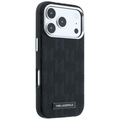 4. Karl Lagerfeld MagSafe Hülle mit Logo aus genarbtem Monoharz für iPhone 17 Pro / 18 Pro – Schwarz