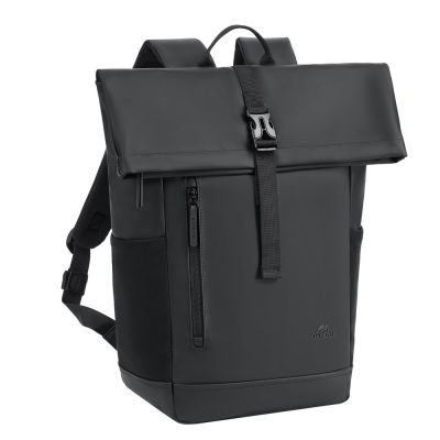 6. Rivacase Eden Rucksack, Roll-Up-Rucksack, Schwarz, Polyester, Gewachstes Leder (zum Hochziehen)