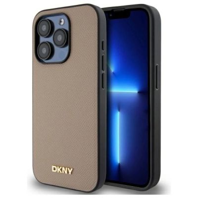 DKNY MagSafe iPhone 15 Pro Hülle mit genarbtem Metalllogo – Beige
