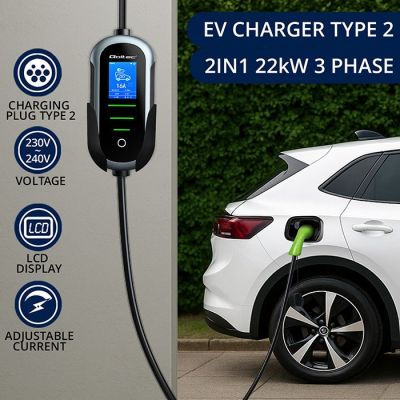 3. Qoltec Mobile Ladestation für Elektrofahrzeuge und Hybridfahrzeuge mit 2-in-1-Ladestromregelung Typ 2 | 22 kW | 400 V | CEE 32 A | WLAN | TUYA | SMART LIFE | LCD | Tragbar | Wallbox | 7 m