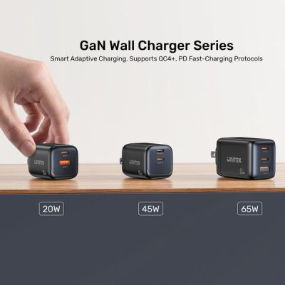 24. UNITEK 2x GAN 45W Ladegerät, 2x USB-C PD 3.0, QC, Schwarz