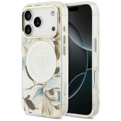 Guess IML Glitter Flowers Triangle MagSafe Hülle für iPhone 18 Pro Max / 17 Pro Max – weiß