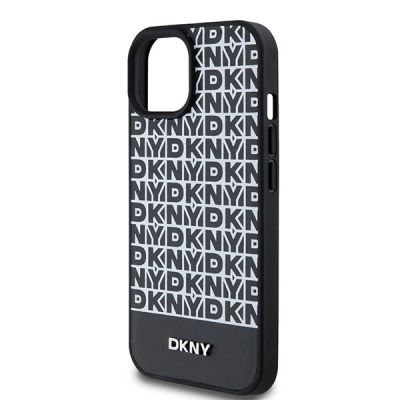 6. DKNY MagSafe Lederhülle mit bedrucktem Muster und Metalllogo für iPhone 15/14/13 – Schwarz