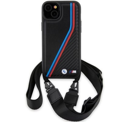 2. BMW M Edition Carbon Tricolor Lines & Strap Hülle für iPhone 15 Plus / 14 Plus – Schwarz