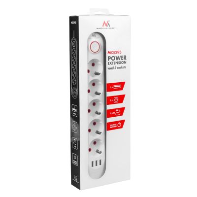 9. MACLEAN Steckdosenleiste mit 5 Steckdosen + 3 USB-Anschlüssen, 110–240 V Wechselstrom, 50/60 Hz, max. 2,1 A, 2500 W, 1,5 m, Weiß, MCE395W
