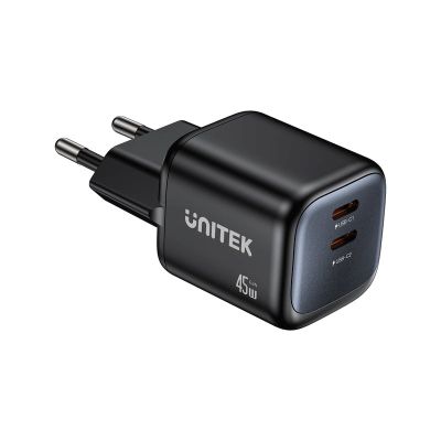 UNITEK 2x GAN 45W Ladegerät, 2x USB-C PD 3.0, QC, Schwarz