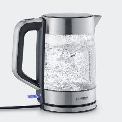 2. Severin Wasserkocher aus Glas und Stahl, 1,7 l, verdecktes Heizelement, Strix-Steuerung, Kabeleinführung, Wasserstandsanzeige, 2200 W, WK3420