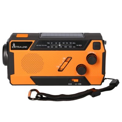38. Extralink Solar-Notfallradio mit Kurbeldynamo-Powerbank (4000 mAh) und SOS-Taschenlampe SR-4000, tragbar, analog, Schwarz/Orange