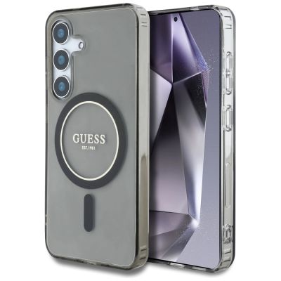 Guess Glitter Circle Classic Logo MagSafe Hülle für Samsung Galaxy S25 schwarz