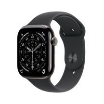 Apple Watch Series 11 Cellular 46 mm Gehäuse aus schiefergrauem Titan mit schwarzem Sportarmband – M/L