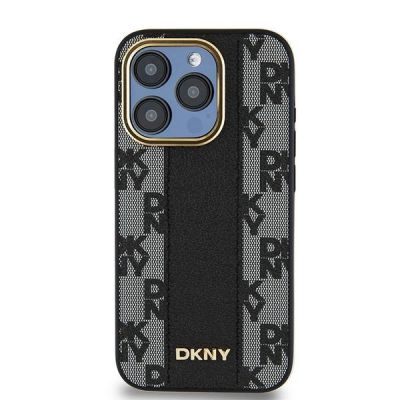 3. DKNY Leather Checkered Mono Pattern MagSafe-Hülle für iPhone 15 Pro – Schwarz