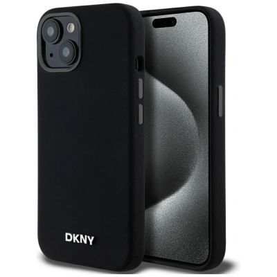 DKNY Flüssigsilikon-MagSafe-Hülle mit kleinem Metalllogo für iPhone 14/15/13 – Schwarz