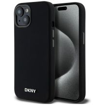 DKNY Flüssigsilikon-MagSafe-Hülle mit kleinem Metalllogo für iPhone 14/15/13 – Schwarz