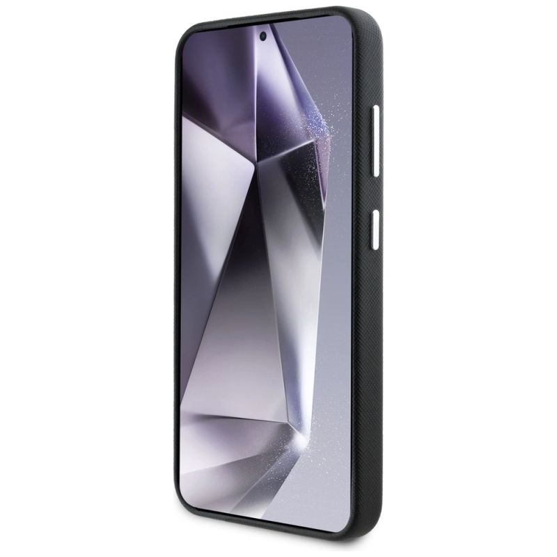 5. Karl Lagerfeld Saffiano Vollumwickelte MagSafe Hülle mit länglichem Metalllogo für Samsung Galaxy S25 - Schwarz