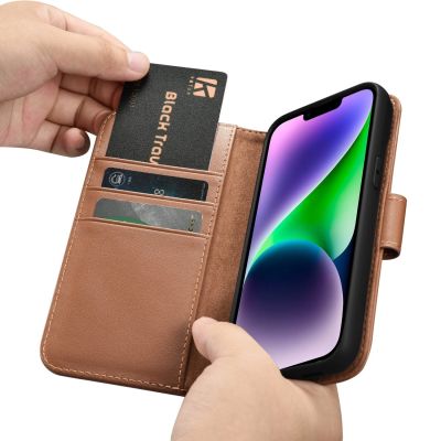 15. iCarer Wallet Case 2in1 Cover iPhone 14 Plus Anti-RFID Leder Flip Case Braun (WMI14220727-BN)