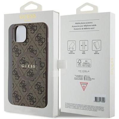 8. Guess 4G Collection Leder Metall Logo MagSafe Hülle für iPhone 15 Plus / 14 Plus – Braun