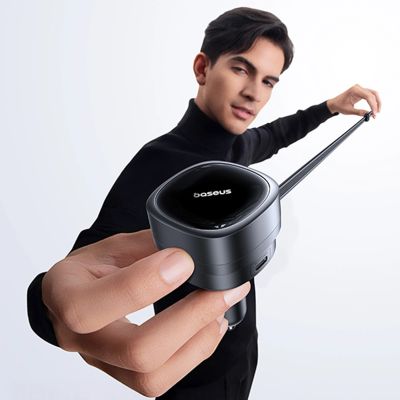 8. Baseus PrimeTrip VR1 60W USB-A/USB-C-Autoladegerät mit einziehbarem USB-C-Kabel – Schwarz