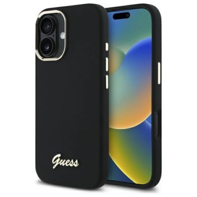 Guess Silikonhülle mit Metalllogo und Rahmen für iPhone 16 Plus – Schwarz