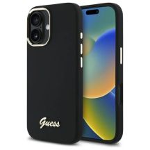 Guess Silikonhülle mit Metalllogo und Rahmen für iPhone 16 Plus – Schwarz