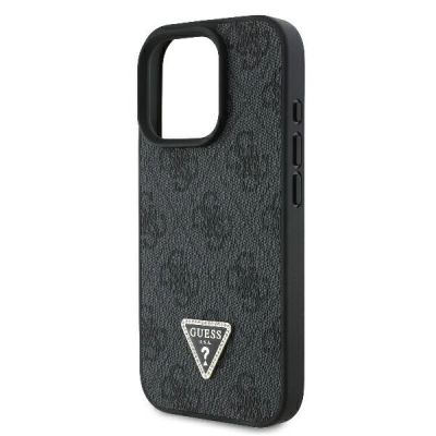 6. Guess Leder 4G Triangle Strass MagSafe Hülle für iPhone 16 Pro Max – Schwarz