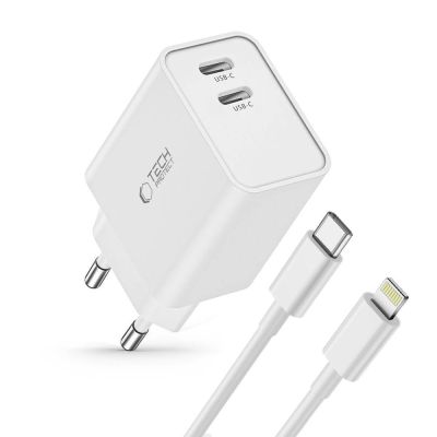 2. Tech-Protect C35W 2x USB-C PD 35W Netzwerkladegerät mit USB-C/ Lightning Kabel – Weiß