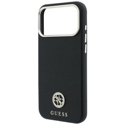 6. Guess MagSafe Hülle mit genarbtem, rundem Strass-Logo für iPhone 18 Pro / 17 Pro – Schwarz